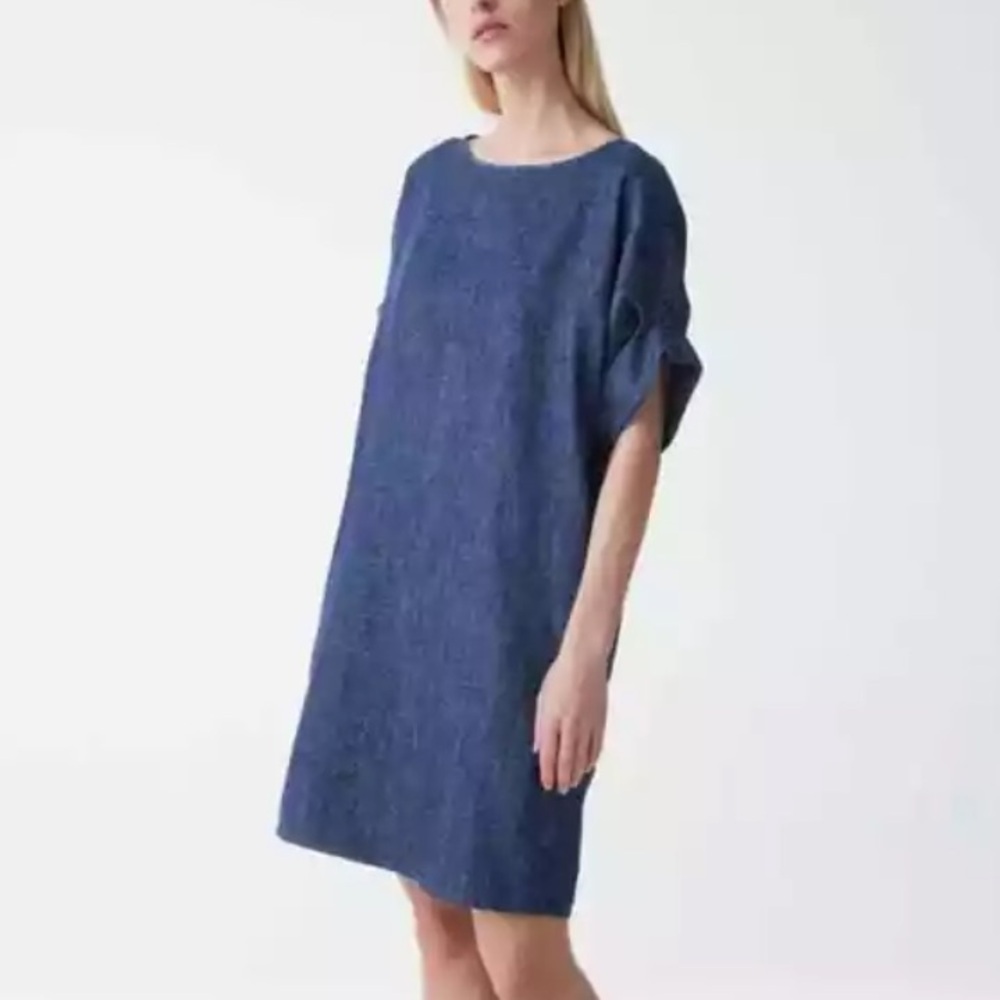 COS Denim Looking Contemporary Blue Hemp+Cotton Short Sleeve Shift Mini Dress